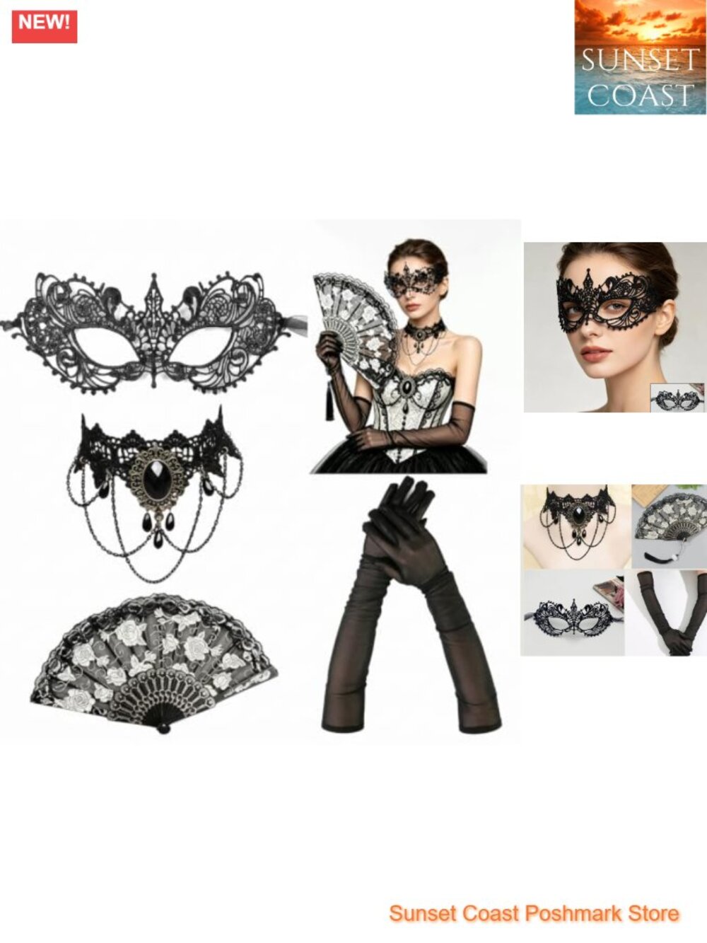Masquerade Mask Set with Gloves Necklace Fan Venetian Party Costume Accessories